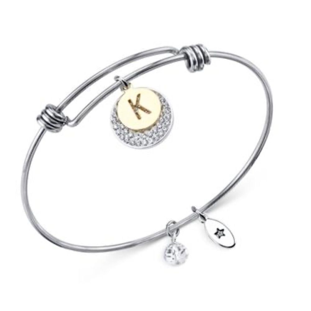 Unwritten Pave and Initial Disc Bangle Bracelet in Stainless Steel Silver Plated